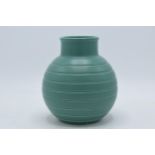 Wedgwood Keith Murray green glazed ribbed globular baluster vase, 16cm tall. Printed marks to