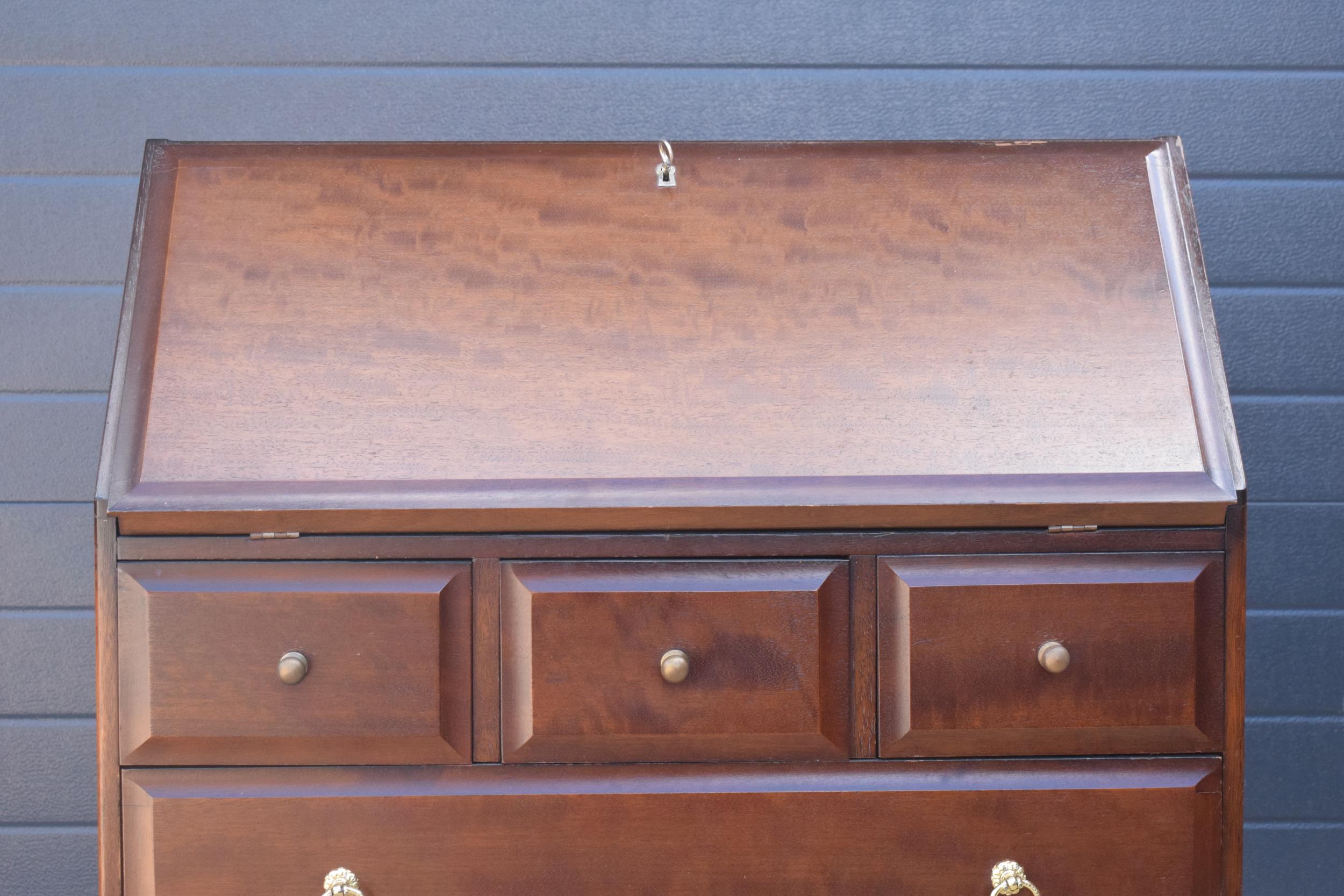 Stag mid-century brown bureau with leather inset to interior. 76 x 46 x 98cm tall. Age-related - Image 4 of 7