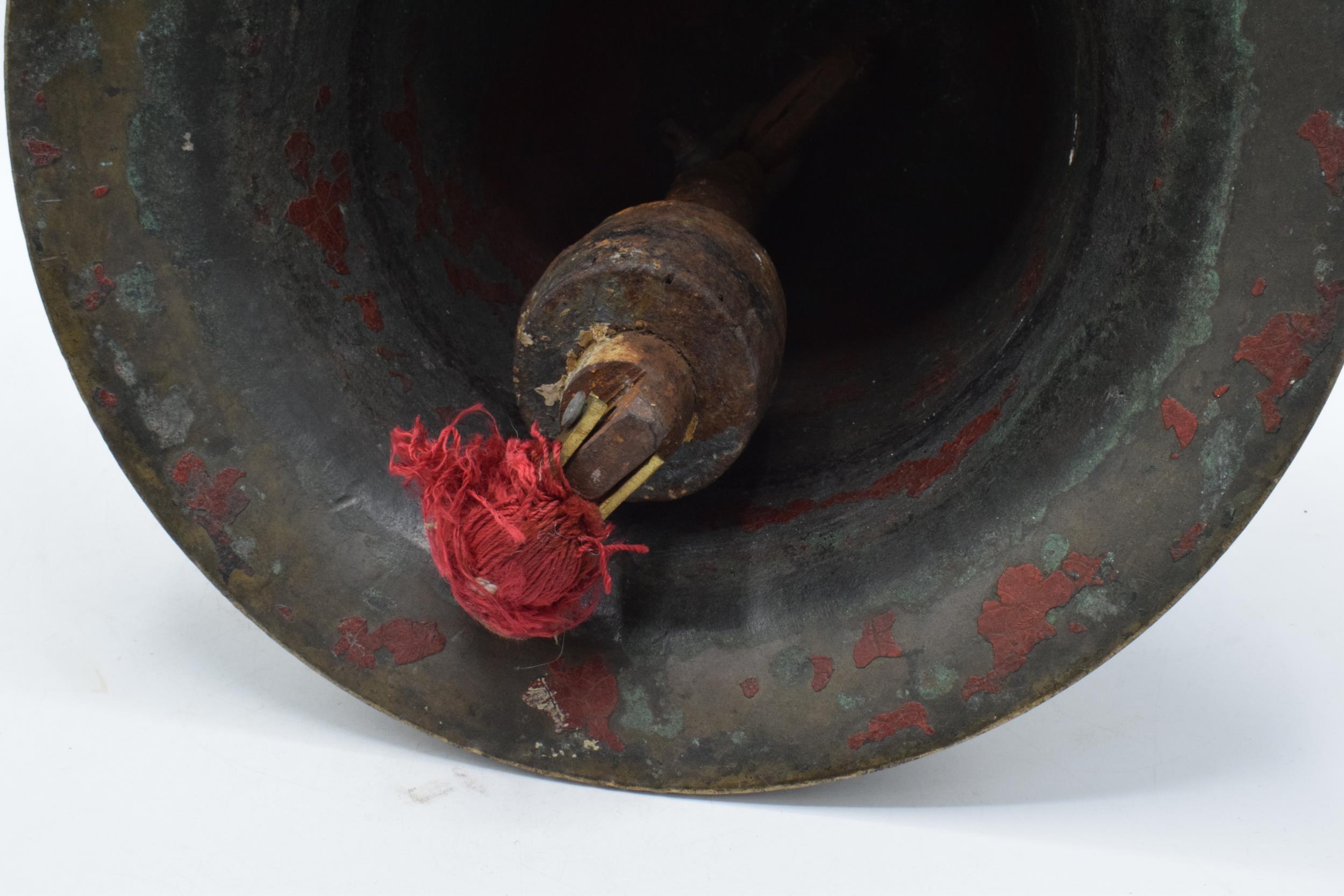 World War One original brass ship's bell 'H.M.S. Raider 1916' with clanger. 32cm tall, 26cm wide. - Image 14 of 15