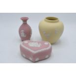A trio of Wedgwood Jasperware to include yellow prunus vase together with pink Jasperware heart-