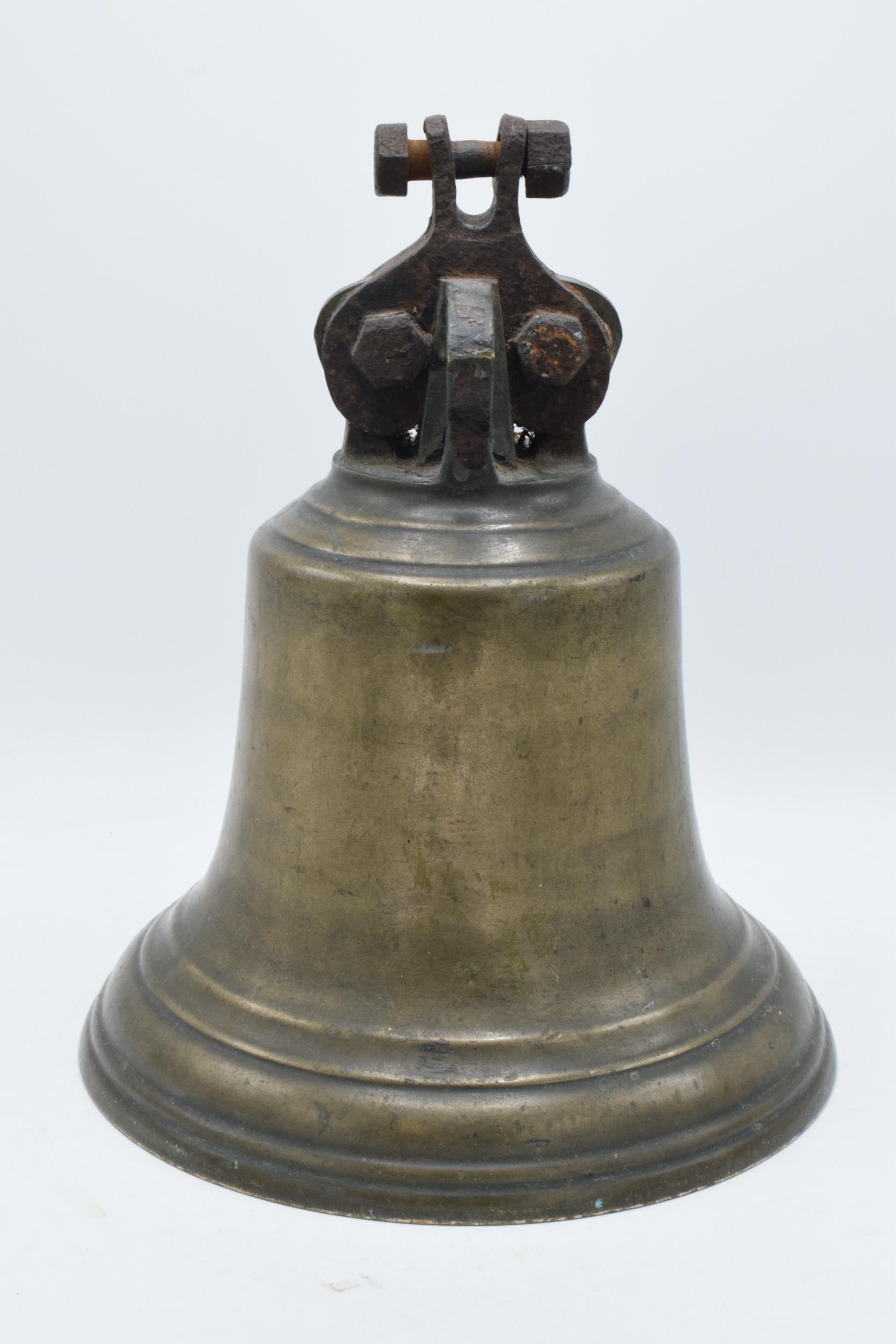 World War One original brass ship's bell 'H.M.S. Raider 1916' with clanger. 32cm tall, 26cm wide. - Image 7 of 15