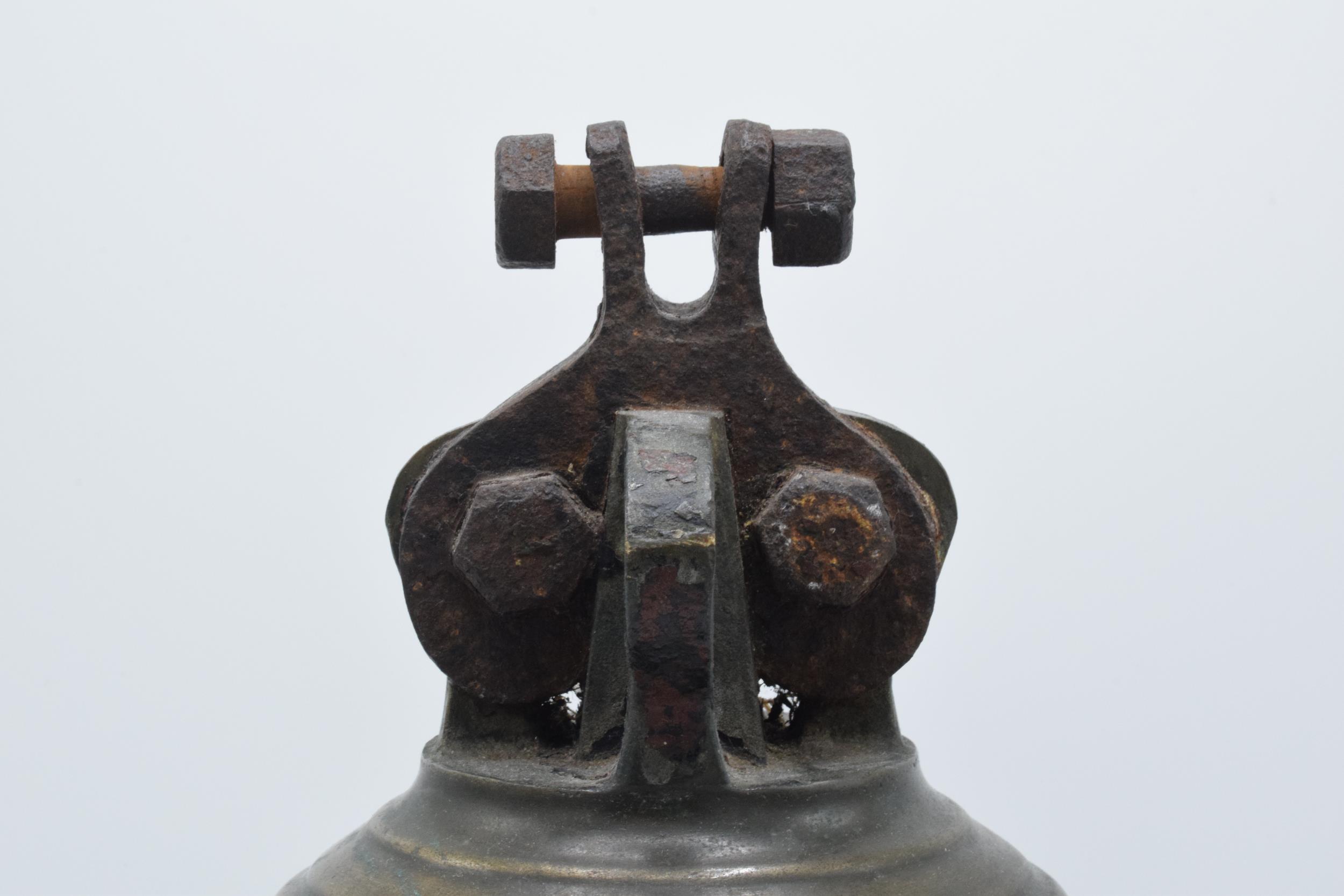 World War One original brass ship's bell 'H.M.S. Raider 1916' with clanger. 32cm tall, 26cm wide. - Image 8 of 15