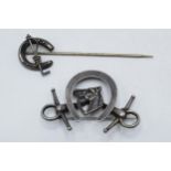 Silver horse riding brooch with horse and horseshoe together with silver shoe stickpin (2).
