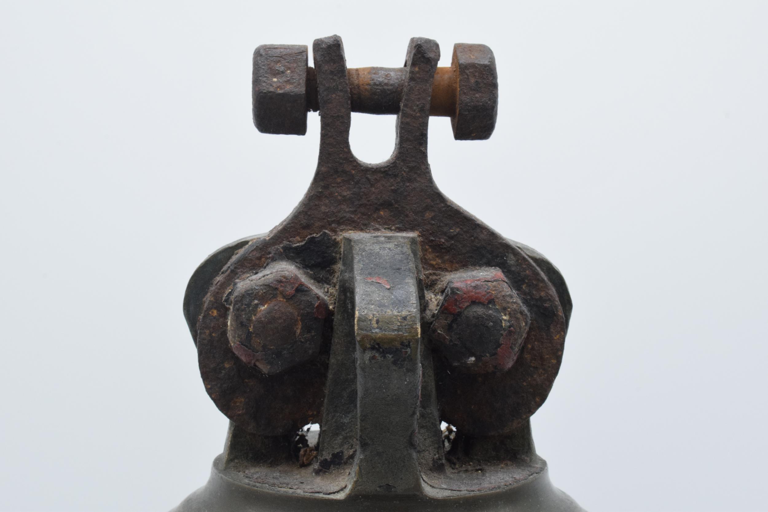 World War One original brass ship's bell 'H.M.S. Raider 1916' with clanger. 32cm tall, 26cm wide. - Image 3 of 15