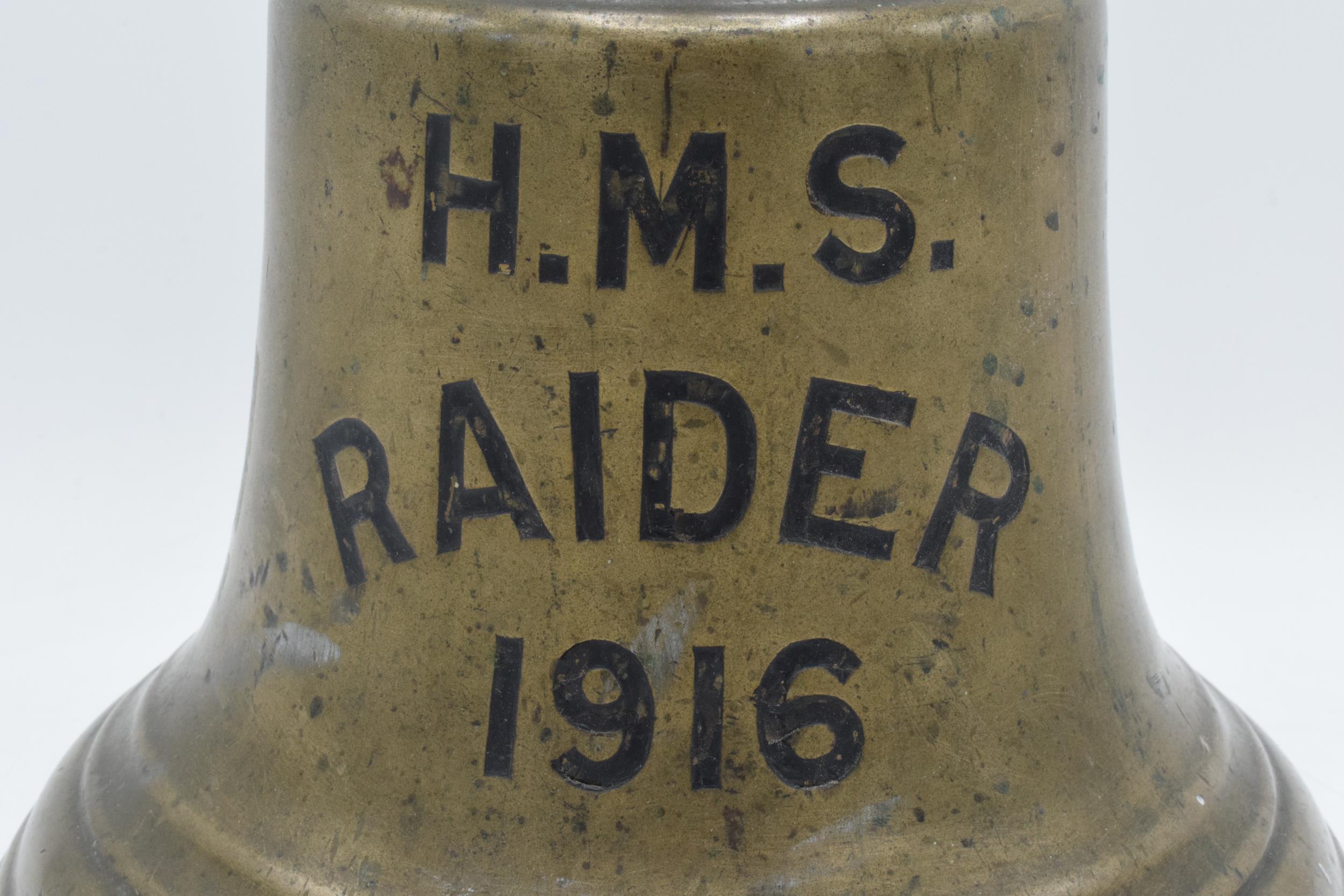 World War One original brass ship's bell 'H.M.S. Raider 1916' with clanger. 32cm tall, 26cm wide. - Image 6 of 15