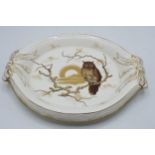 Franz Ant Mehlem serving platter decorated with a gilt owl scene, 32cm wide (chip to rear).