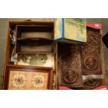 A mixed collection of items to include plaster wood-effect panels of varying forms, vintage tin,