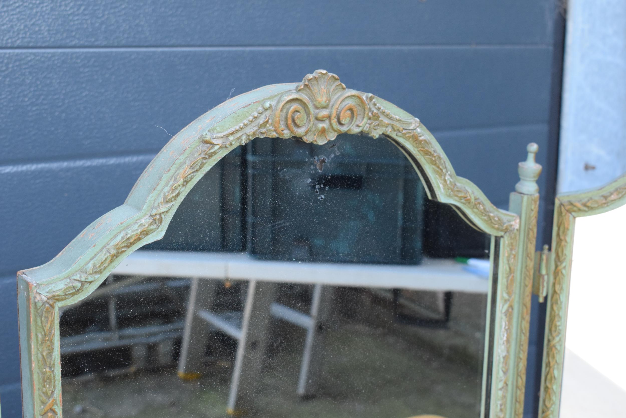 A vintage early to mid 20th century heavy triple folding mirror with painted blue tones, 50cm tall. - Image 3 of 9