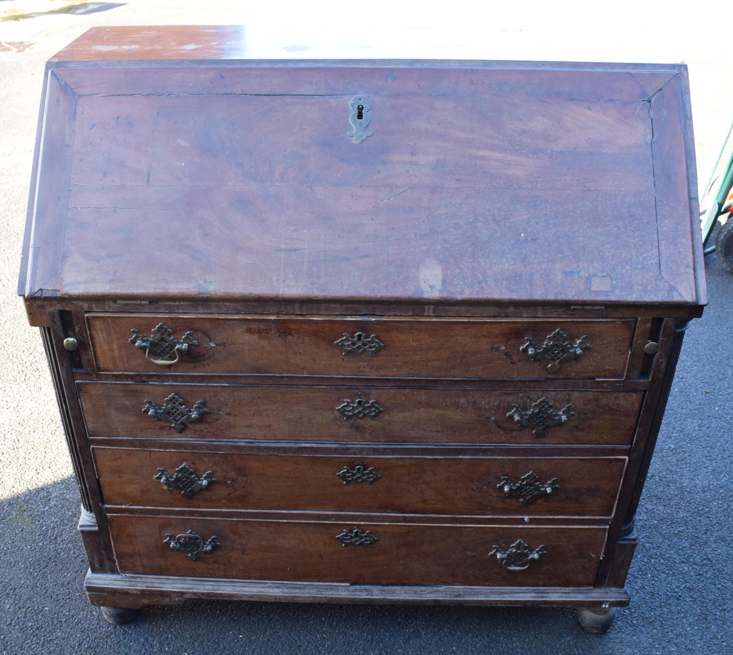 19th century bureau with fitted interior and satinwood inlay, 111 x 55 x 111cm tall. Needs some