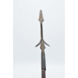 19th century wooden and barbed iron African fishing spear, 101cm long.