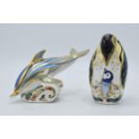 Royal Crown Derby paperweights to include Striped Dolphin and Penguin with Chick , both second