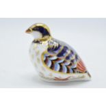 Boxed Royal Crown Derby paperweight Red Legged Partridge, first quality with gold stopper. In good