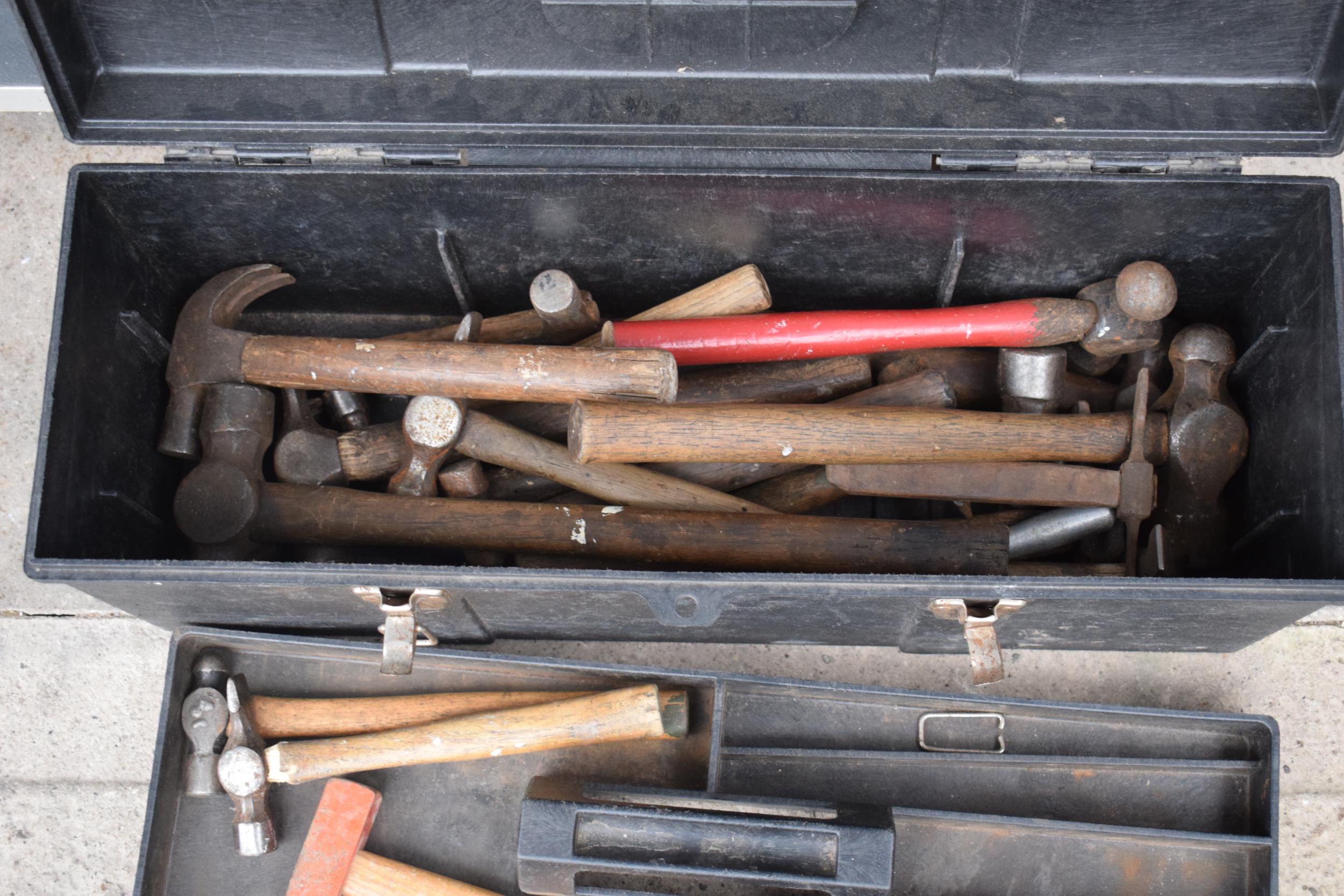 A plastic heavy duty toolbox together with contents of vintage hammers and similar tools (Qty). - Image 2 of 2