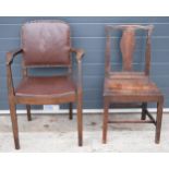 A 19th century oak hall chair together with later upholstered arm chair, tallest 93cm tall (2).