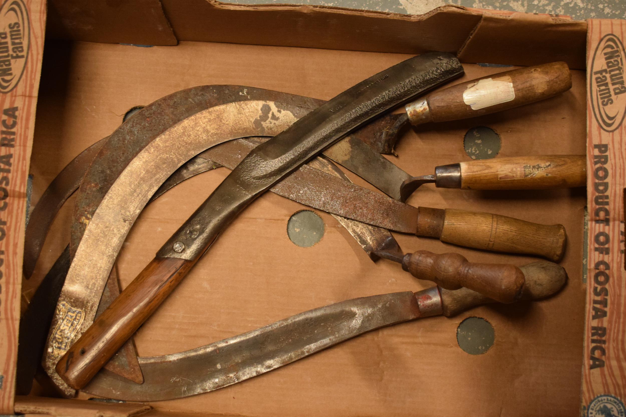 A collection of vintage scythes and similar tools to include branded examples (collection only).