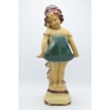Vintage mid 20th century plaster figure of a girl in blue dress, 49cm tall.