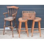 A collection of antique farmhouse items to include a pair of elm (or similar) round stools, a high