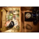 A sewing box with contents, vintage wired telephone and a gold quartz geode (3).