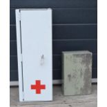 Vintage lockable medicine cabinet with Red Cross together with smaller grey example, tallest 64cm (