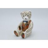 Royal Crown Derby paperweight, Teddy Bear, 12cm, with blue bow tie and silver stopper. In good