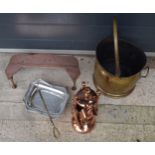 A collection of metalware to include unusual shaped Victorian copper trivet, brass coal bucket,
