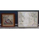 A framed tapestry scene together with framed John Speed repro map of Stafford Countie and Towne,