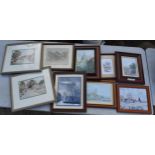 A collection of framed artwork of rural scenes amongst others (9).