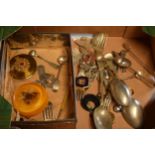 A collection of silver plated cutlery, compact, pill box and others (Qty).