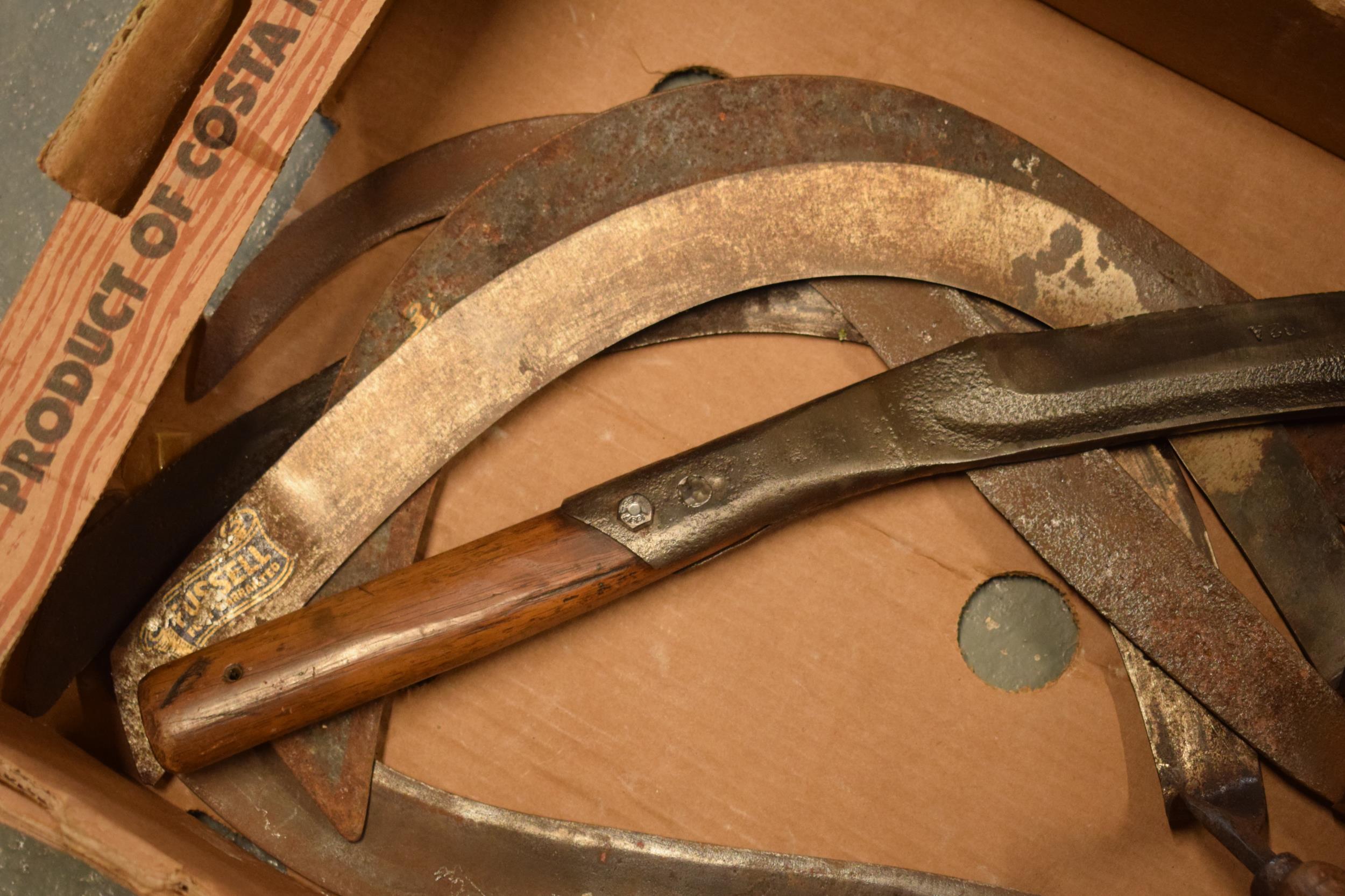 A collection of vintage scythes and similar tools to include branded examples (collection only). - Image 2 of 3