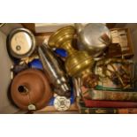 A collection of items to include brass lamp, Piquot ware teapot, books, tea cards, gauge and other