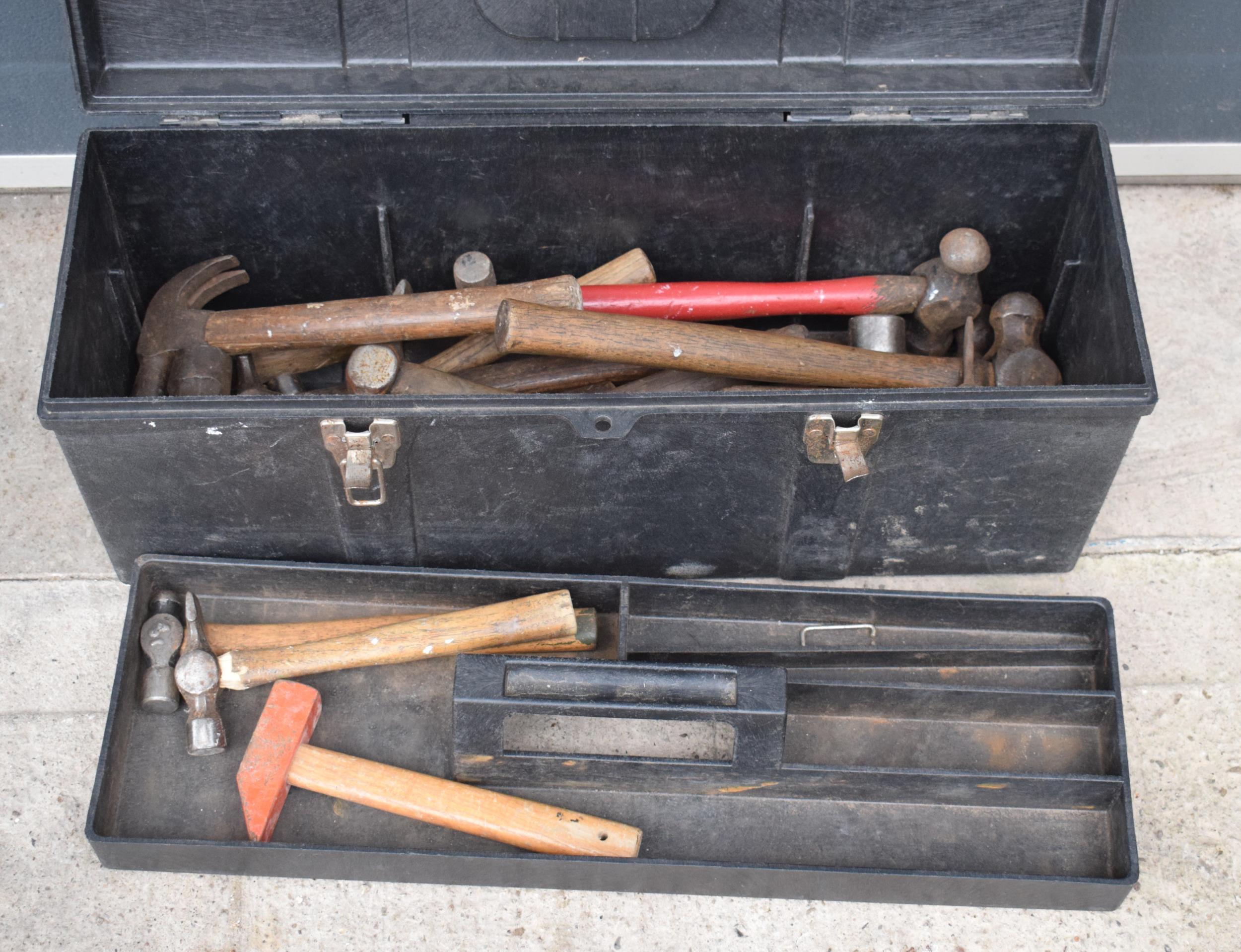 A plastic heavy duty toolbox together with contents of vintage hammers and similar tools (Qty).