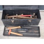 A plastic heavy duty toolbox together with contents of vintage hammers and similar tools (Qty).
