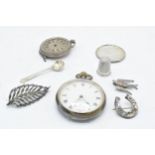 A collection of silver items to include continental pocket watch, silver thimble, brooches, small