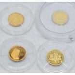 14ct gold coins: 4 14ct gold coins, each weighing 0.5 grams, to include Albert Einstein, Princess