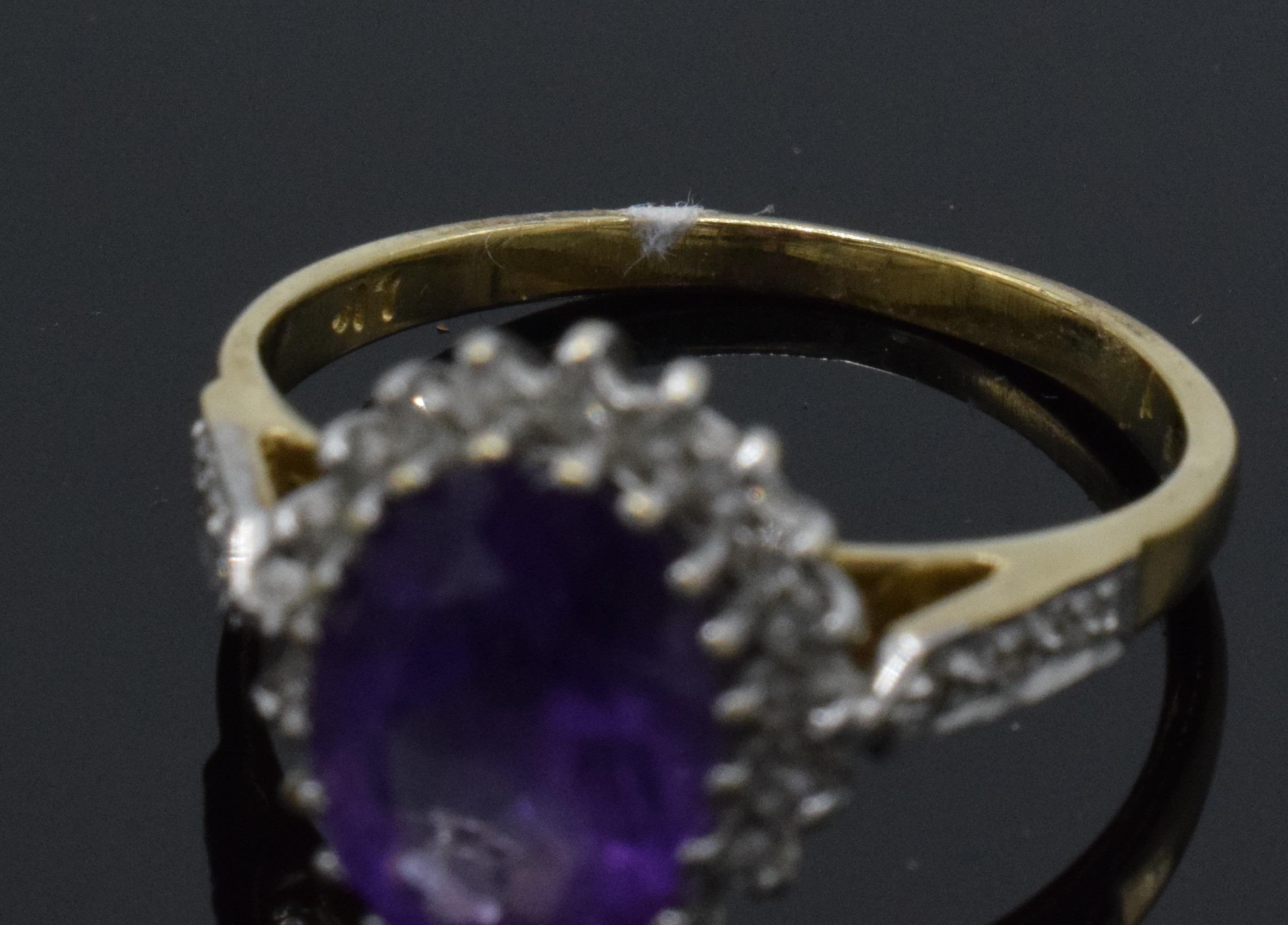 9ct gold amethyst and diamond surround dress ring, 2.6 grams, size M. - Image 2 of 2