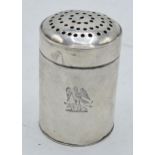 Antique silver shaker, unmarked, circa 1740, with crest to centre, 43.5 grams, 6.5cm tall.