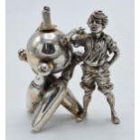 Novelty silver plated table lighter in the form of a boy with bowling equipment, 9.5cm tall. No