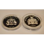 A pair of sterling silver proof-like coins to include Barbados One Dollar and Gambia 2 Dalasis, in