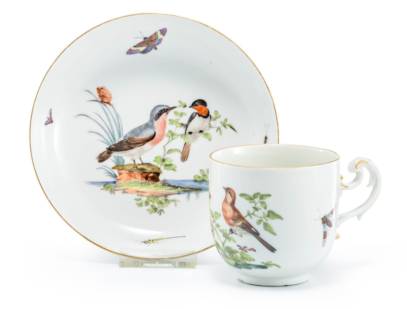 Tasse und Untertasse mit Singvögeln und Insekten Meissen, um 1740/45