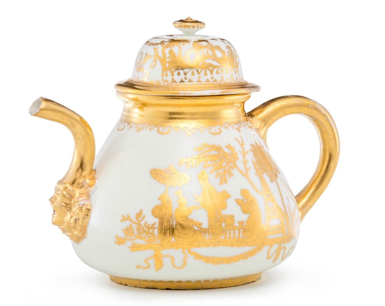 Teekanne mit Augsburger Goldchinesen Meissen. Der Golddekor Seuter-Werkstatt, um 1720/30