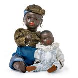 Zwei schwarze Charakterbabys mit Vollkopf als Geschwister Um 1930