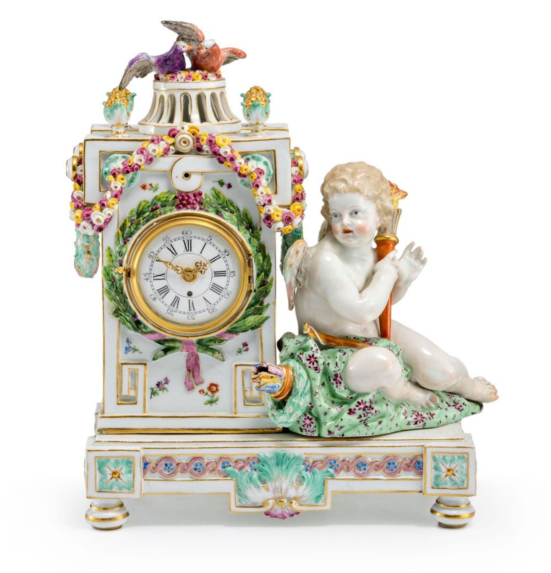 Seltene klassizistische Uhr "mit Putto und Täubchen" Meissen, um 1775