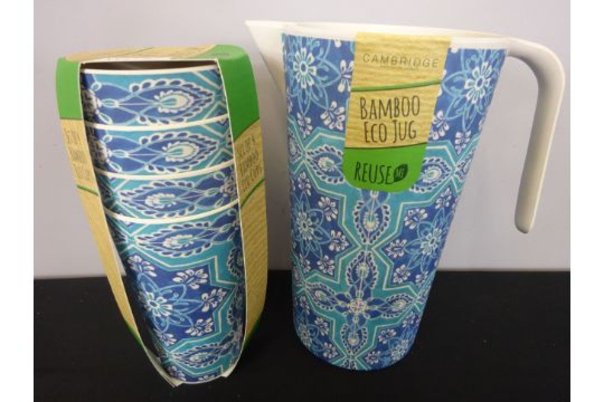 New Cambridge Eco Blue Pattern Large Bamboo Jug & Set Of 4 Cups