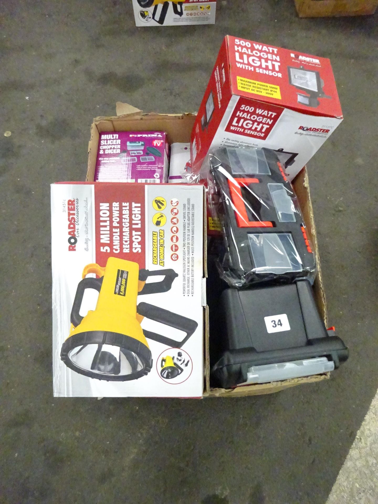 2 TOOL BOXES, HALOGEN LIGHTS, SPOT LIGHT, KITCHENWARE & ODDS