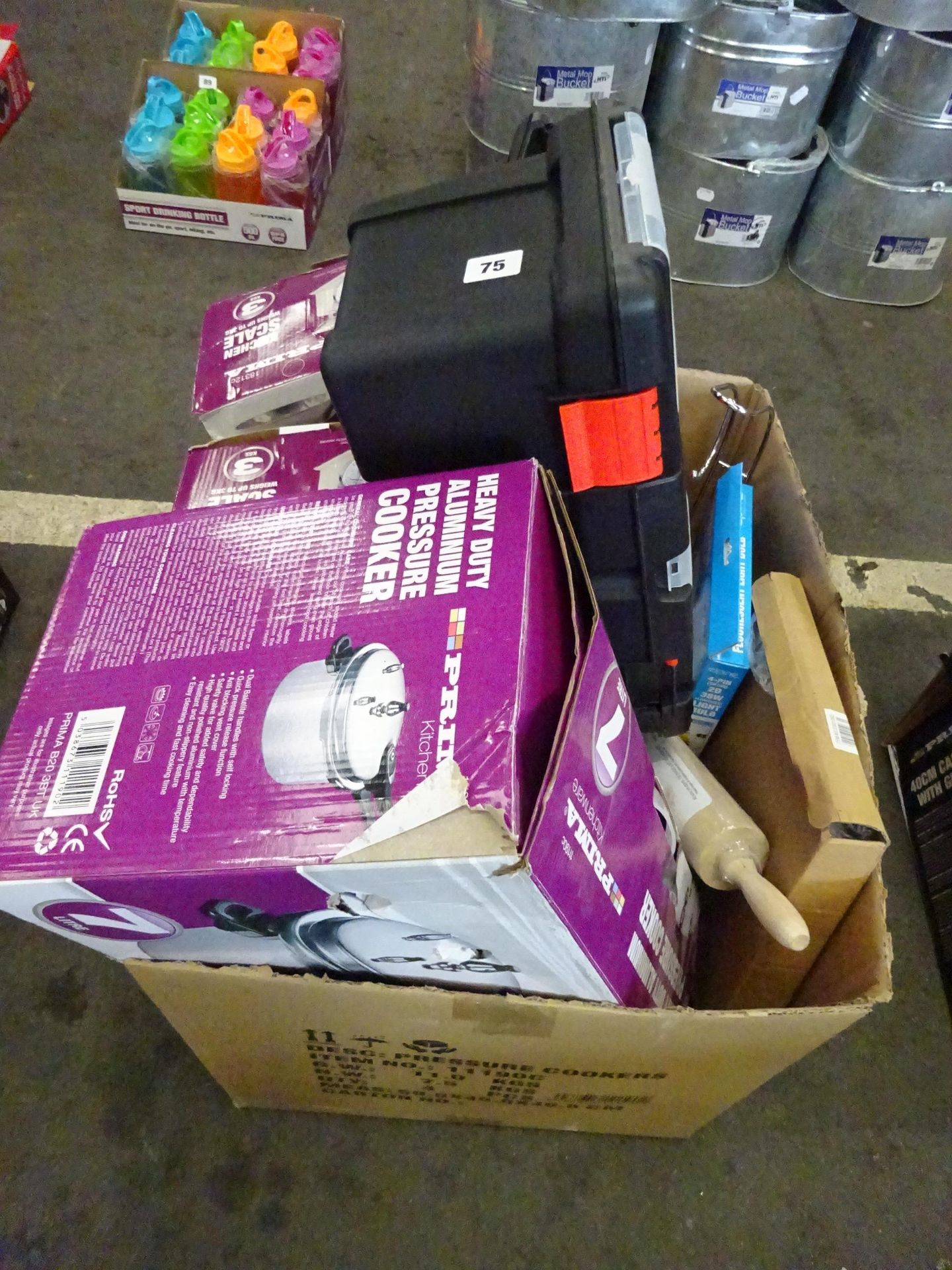2 TOOL BOXES, 2 KITCHEN SCALES, PRESSURE COOKER, KITCHENWARE & ODDS