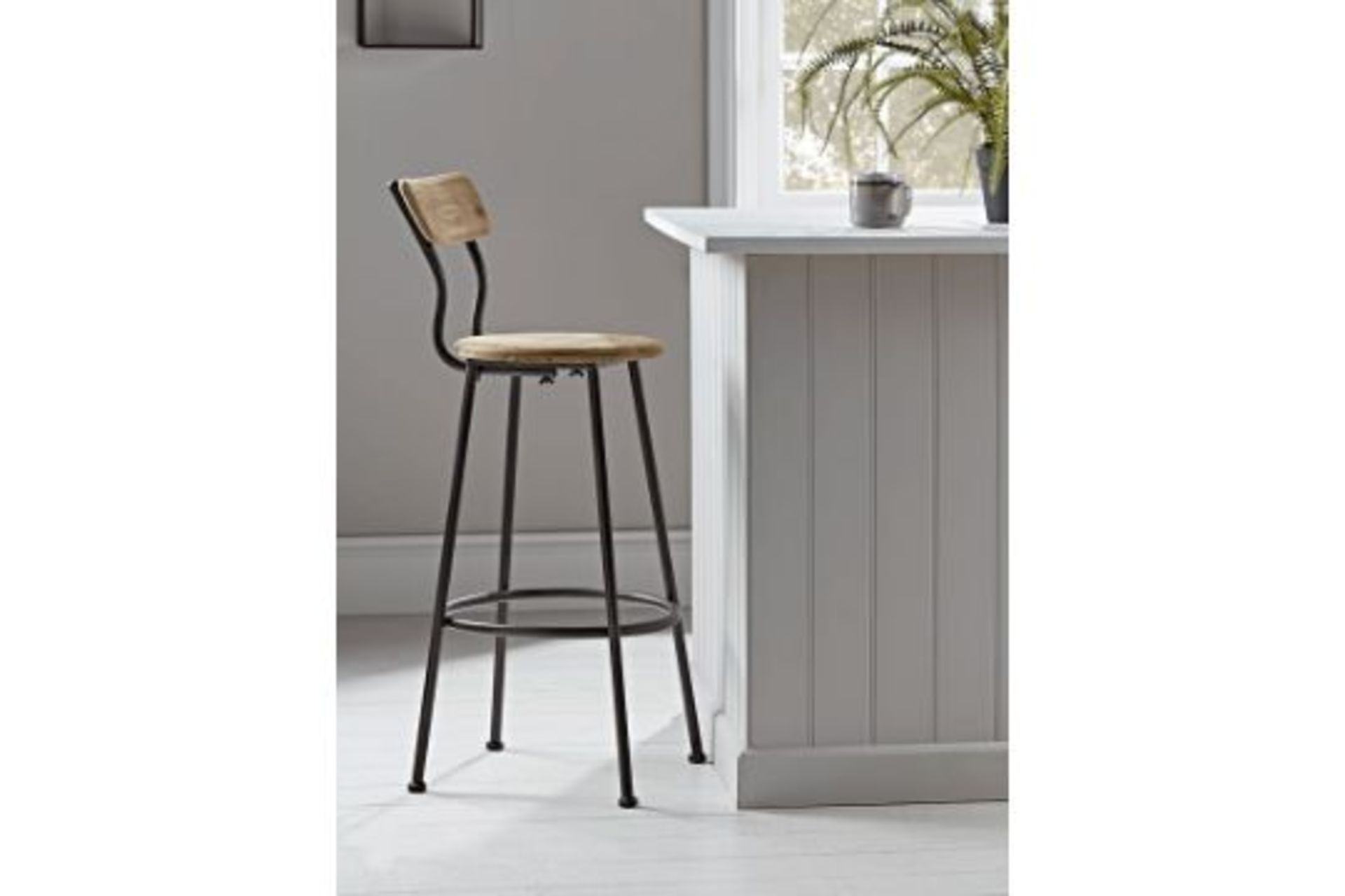 RRP £275 - Wood & Metal Backed High Stool (Scratch In Seat No Scews)