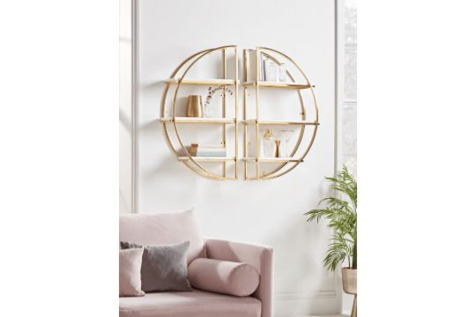 RRP £575 - Two Gold & Marble Half Round Shelves