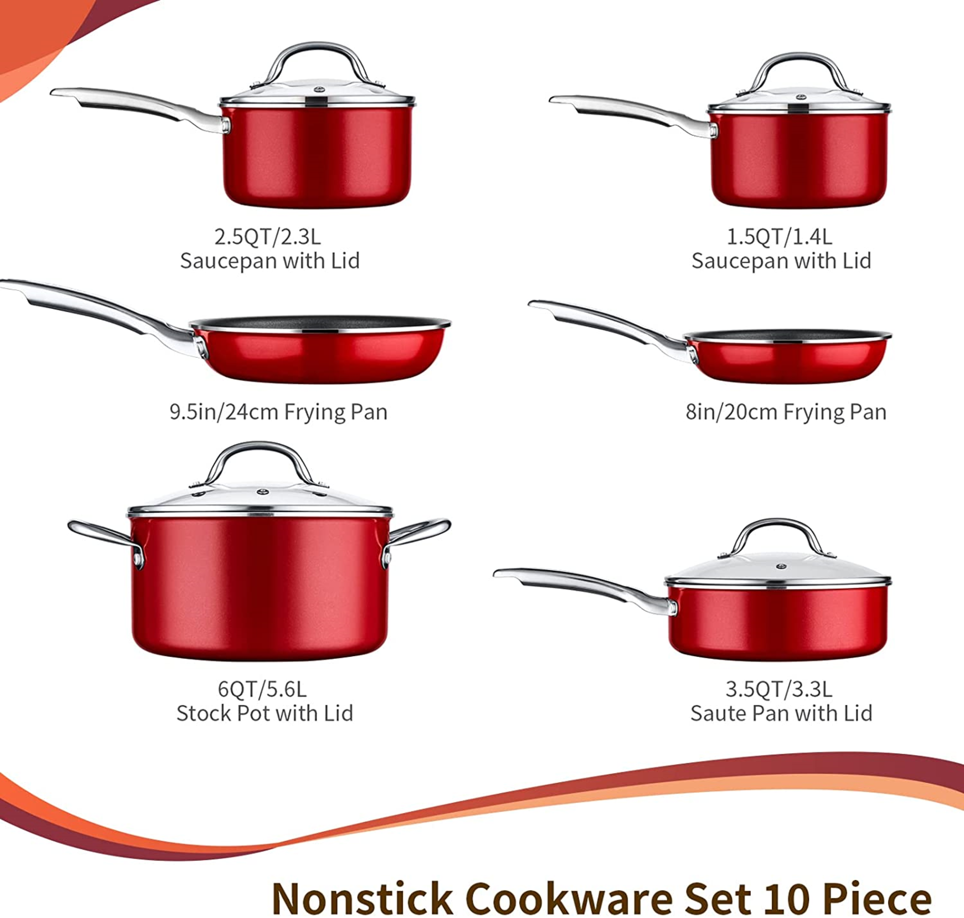 RRP £389.97 - x3 New Red 10pc Pot & Pan Non Stick Induction Cookware Set - Image 3 of 4