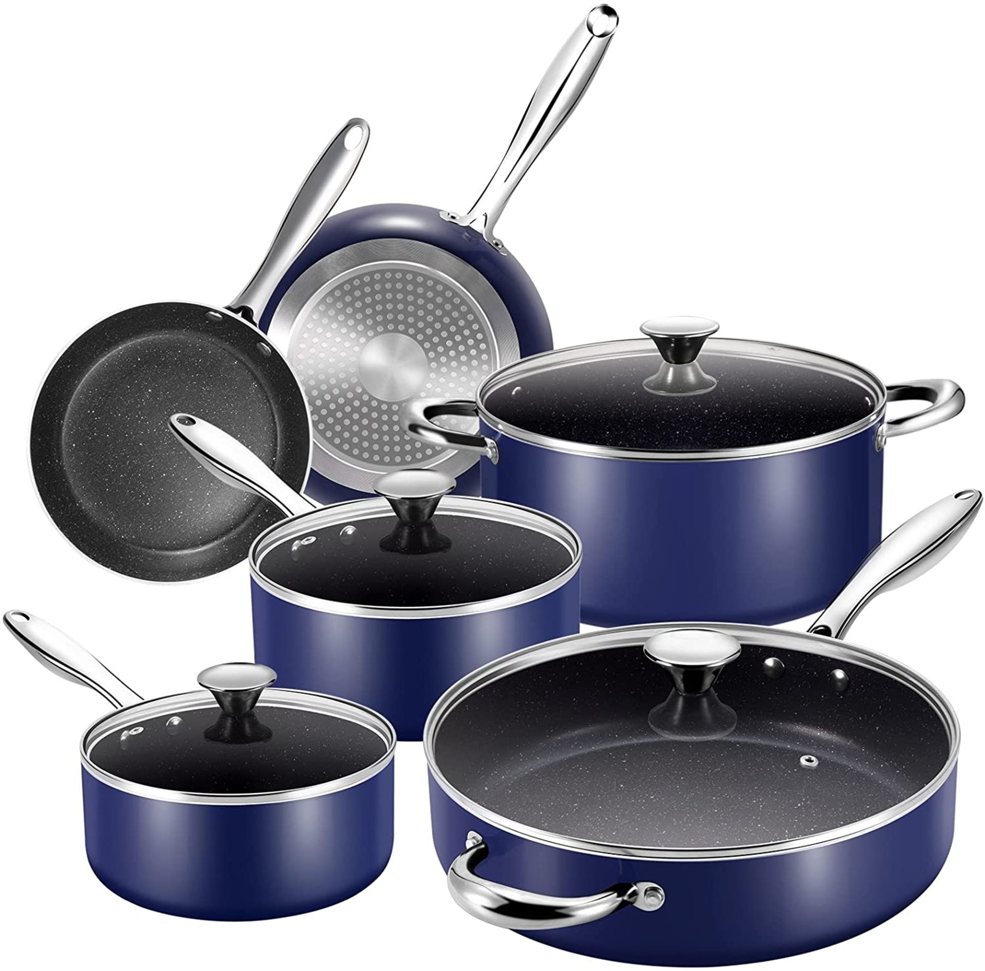 RRP £389.97 - x3 New Blue 10pc Pot & Pan Non Stick Induction Cookware Set