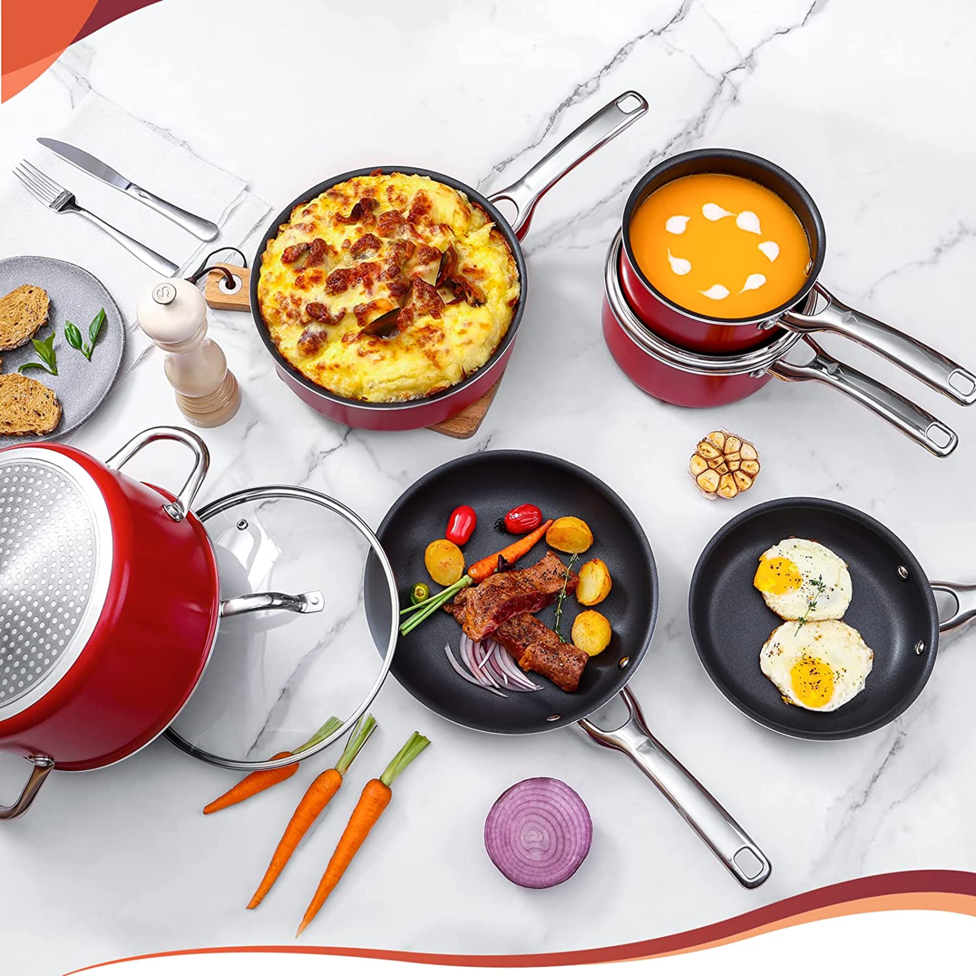 RRP £129.99 - New Red 10pc Pot & Pan Non Stick Induction Cookware Set - Image 4 of 4